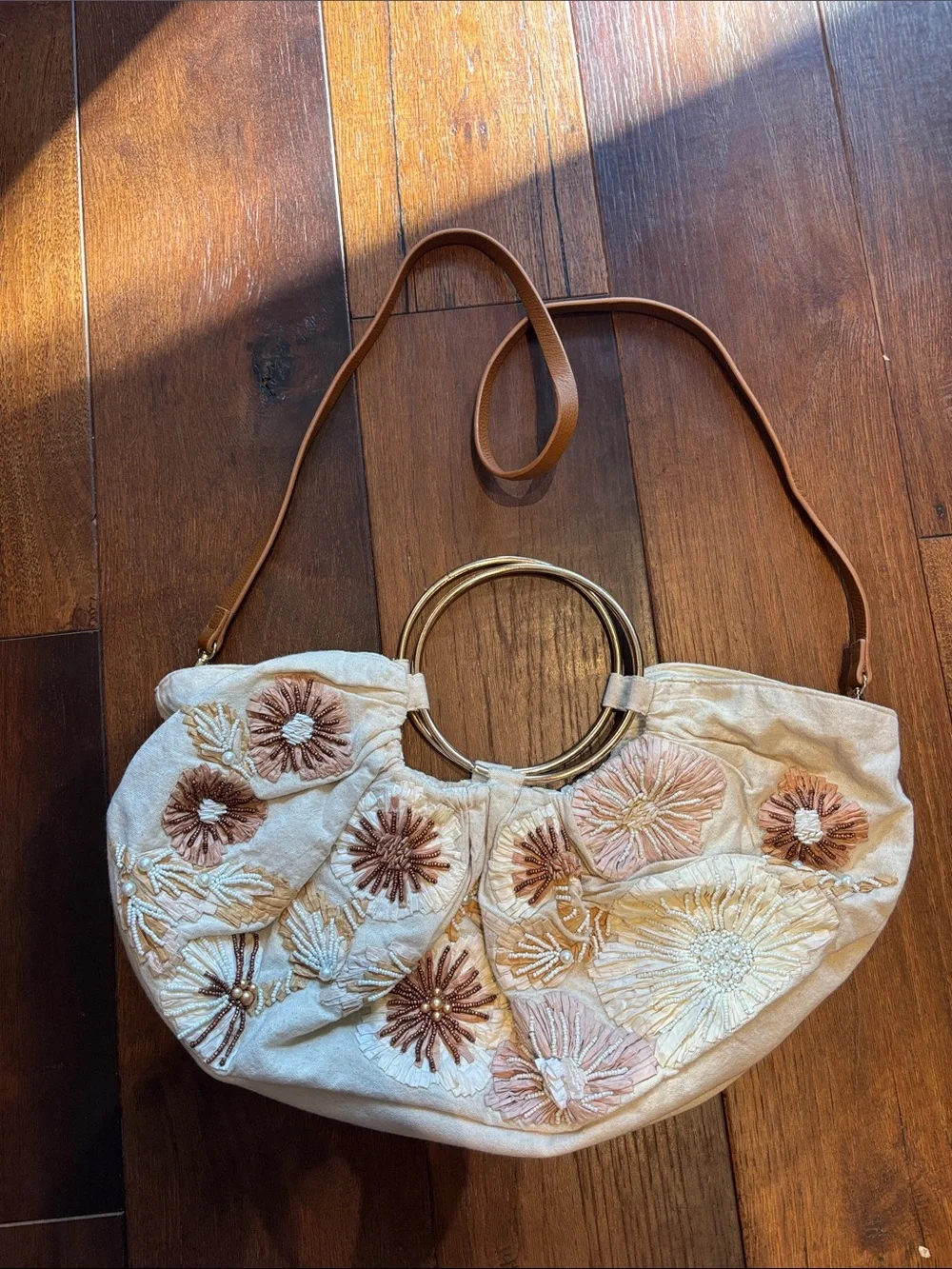 Anthropologie Cream Embroidered Hobo with Gold Ring Handles